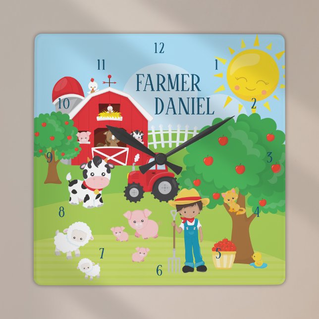 Horloge Carrée Cute Cartoon Barnyard Animaux, Fermier et tracteur (Créateur téléchargé)