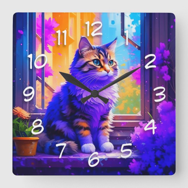 Horloge Carrée Cute chat assis dans la fenêtre Ai Art (Recto)