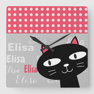 Horloge Carrée Cute Chat Noir Pois Rose Ajouter Votre Nom