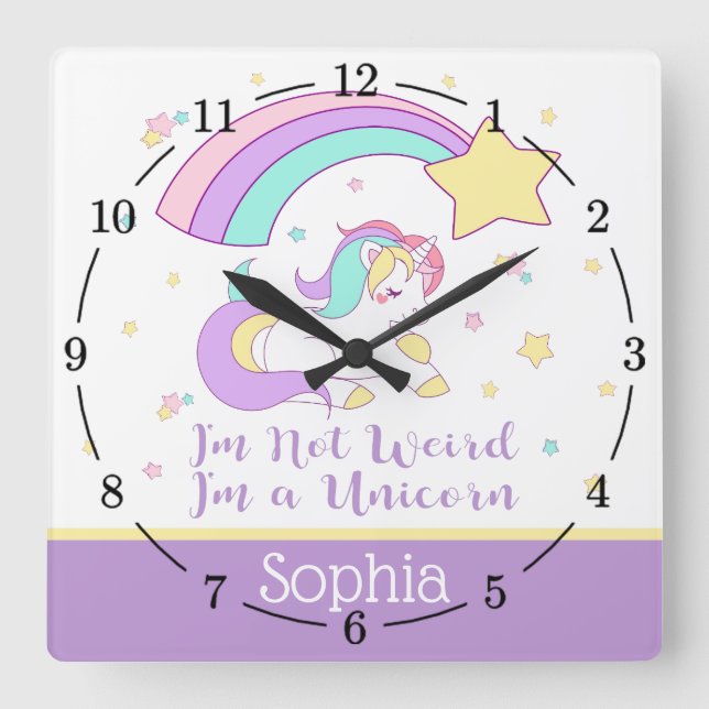 Horloge Carrée Cute Custom Personnalisée Magique Rainbow Unicorn (Recto)