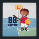 Horloge Carrée Cute customizable basket<br><div class="desc">On can create this in any basketball uniform color or change element of the boy as required. A cute basketball design for any Birthday of a future basketball player or basketball fan, featuring a young basketball player wearing a jersey and holding a basketball a basketball court. Parfait pour tout Birthday...</div>