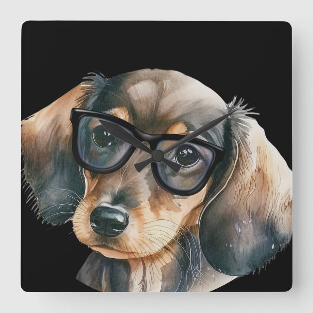 Horloge Carrée Cute Dachshund avec lunettes noires (Recto)