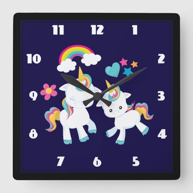Horloge Carrée Cute Dancing Unicornes Magique Arc-en-ciel & Étoil (Recto)