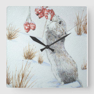 Horloge Carrée Cute field mouse snow scene wildlife