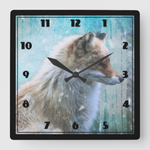 Horloge Carrée Cute Furry Fox sur Blue Grunge Arrière - plan