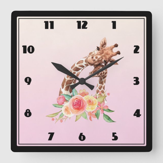 Horloge Carrée Cute Giraffe Aquarelle Maman & Bébé (Recto)