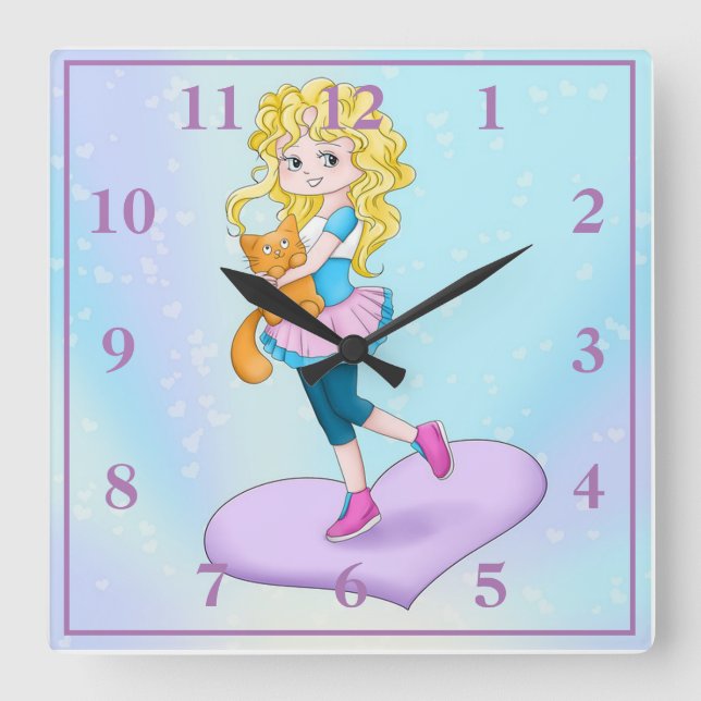 Horloge Carrée Cute Girl Holding Chat (Recto)