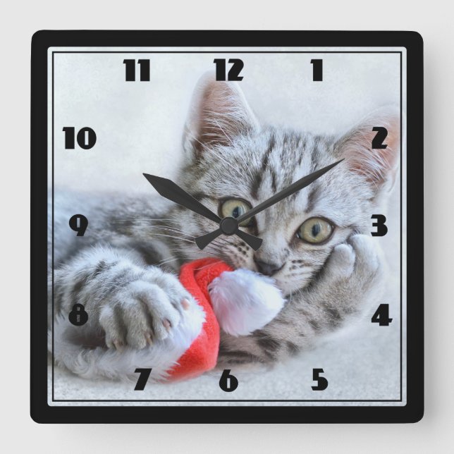 Horloge Carrée Cute Grey Tabby Chat Noël Casquette Noël Noël Noël (Recto)