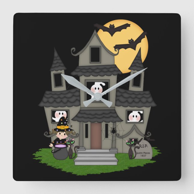 Horloge Carrée Cute Halloween haunted house and little witch Squa (Recto)