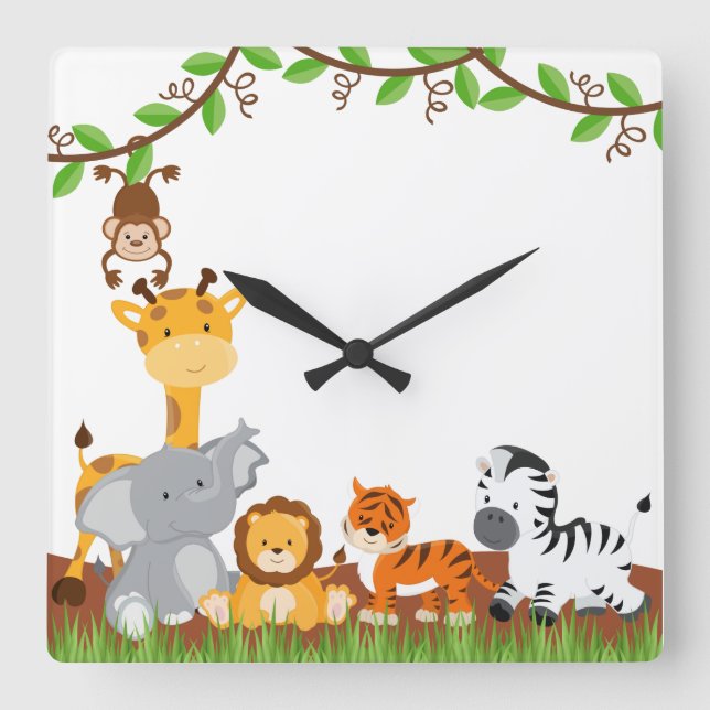 Horloge Carrée Cute Jungle Baby Animals Wall Clocks (Recto)