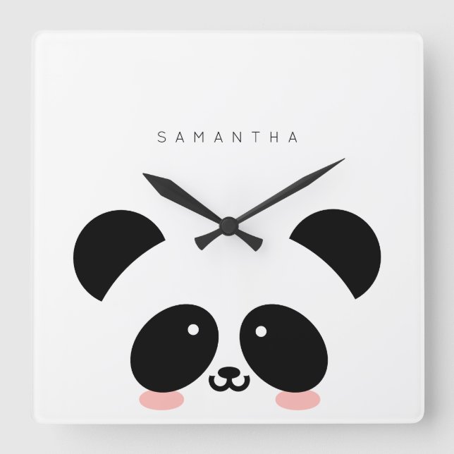 Horloge Carrée Cute Kawaii Panda | Add Your Name (Recto)