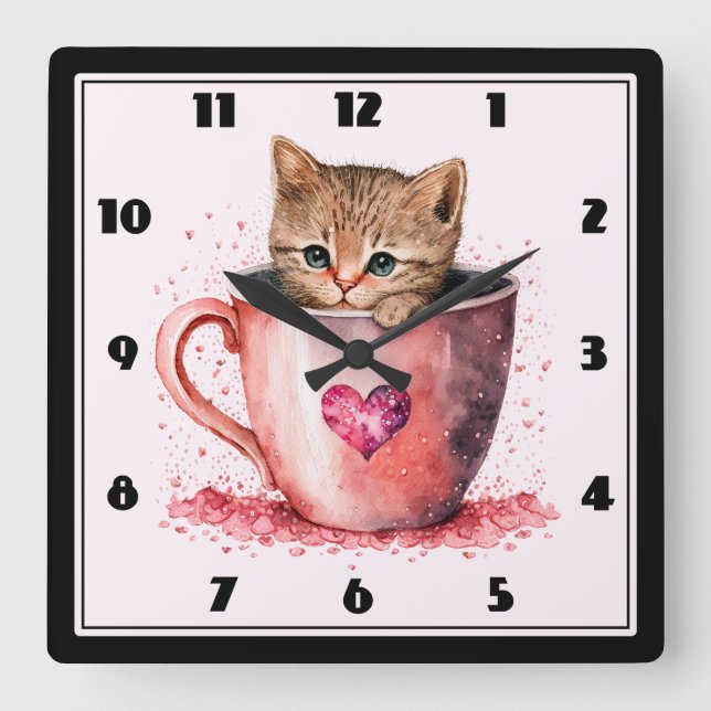 Horloge Carrée Cute Kitten dans un Teacup avec les coeurs (Recto)