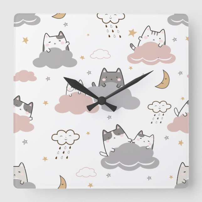 Horloge Carrée Cute Kitten Motif Blanc (Recto)