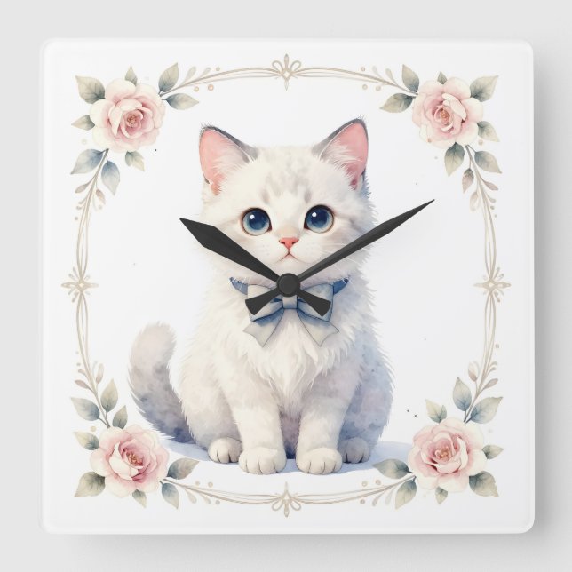 Horloge Carrée cute kitty cat clock (Recto)