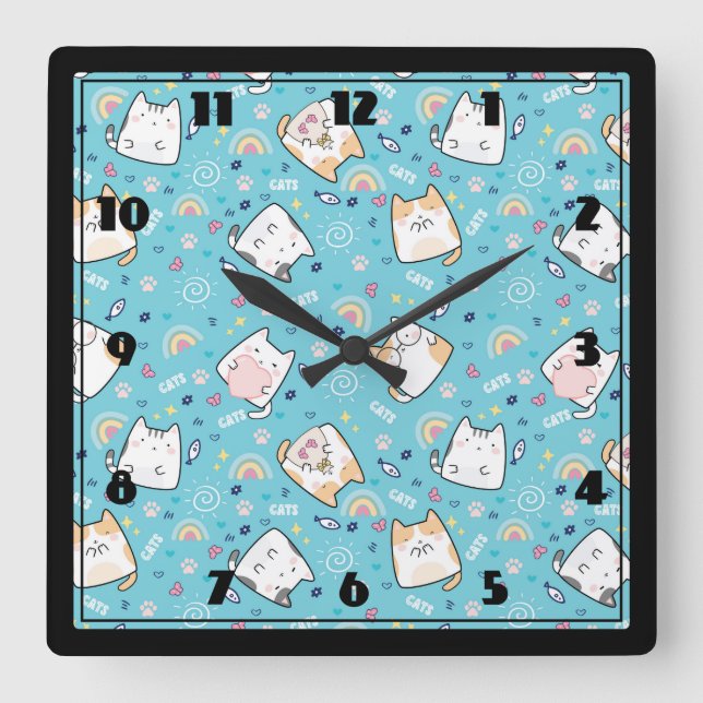 Horloge Carrée Cute Kitty Chat Motif Whimsical (Recto)