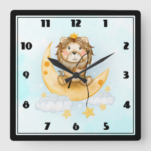 Horloge Carrée Cute Lion Pêche sur l'aquarelle de la lune