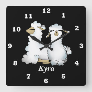 Horloge Carrée Cute llama add name girls room wall clock