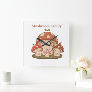 Horloge Carrée Cute Mushroom Family Retro Kawaii Forest Fungi Art