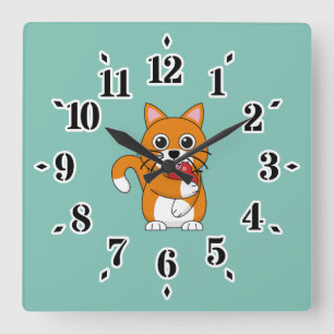 Horloge Carrée Cute Orange Blanc Chat Manger Rouge Pomme Carton
