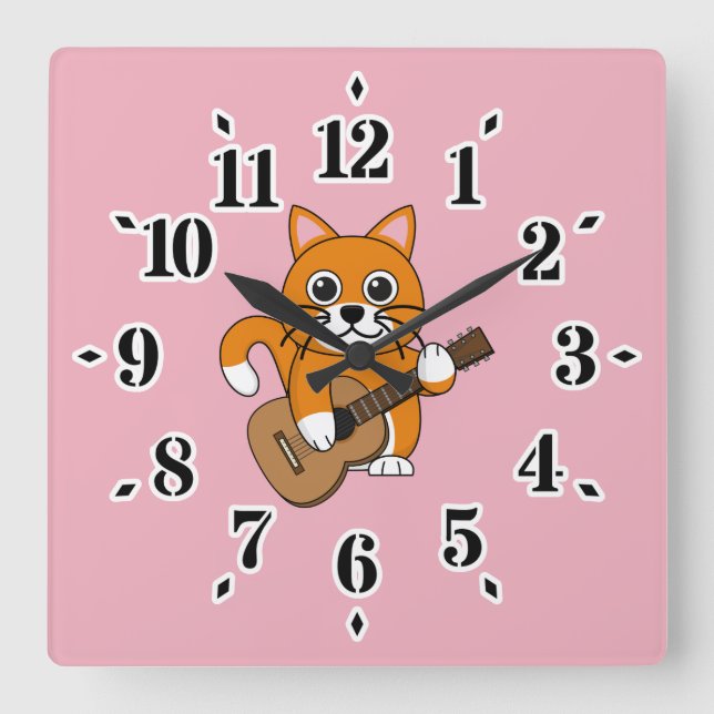 Horloge Carrée Cute Orange Chat Blanc Jouer Caricature Guitare (Recto)