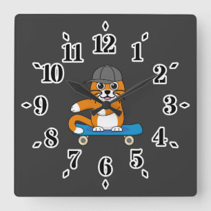 Horloge Carrée Cute Orange Chat sur Skateboard Cartoon