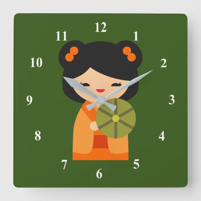 Horloge Carrée Cute orange Kokeshi poupées japonaises (Recto)