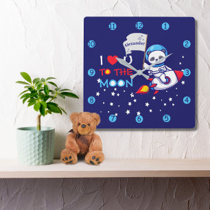 Horloge Carrée Cute Panda Bear Sur Rocket Ship Kids Personnalisé