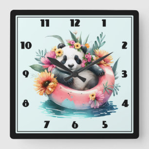 Horloge Carrée Cute Panda Chilling dans un tube intérieur