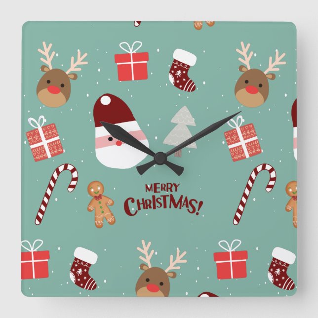 Horloge Carrée Cute Père Noël Reindeer Sucre de canne Motif en pa (Recto)