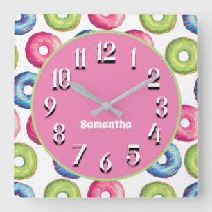 Horloge Carrée Cute Personalized Pink Blue Green Doughnuts