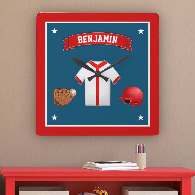 Horloge Carrée Cute Petite Salle Enfants De Lecteur De Baseball (Créateur téléchargé)