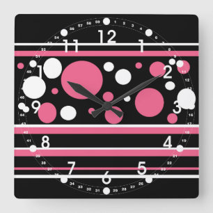 Horloge Carrée Cute Pink Black White Stripes Polka Dots Pattern