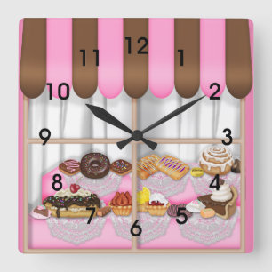 Horloge Carrée Cute Pink Brown Cupcake