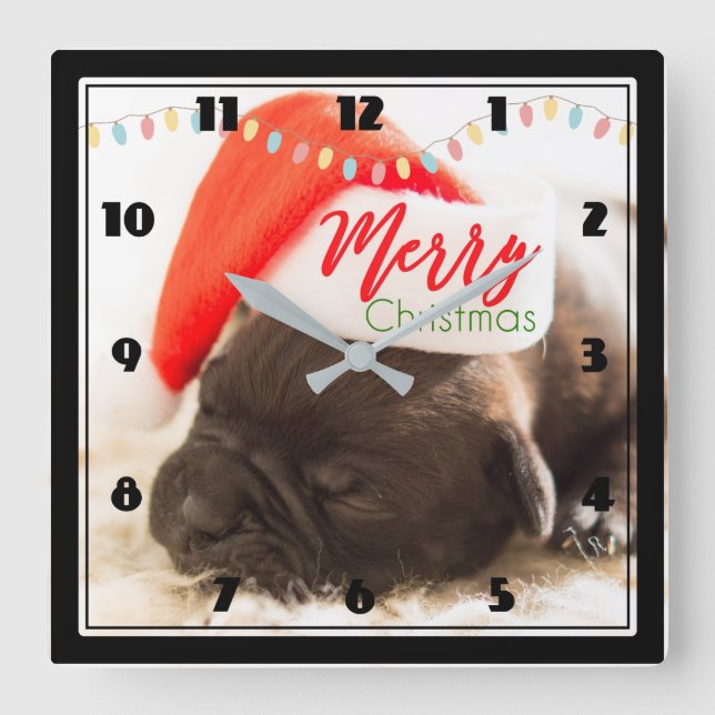 Horloge Carrée Cute Pug à Red Santa Hat Merry Christmas (Recto)