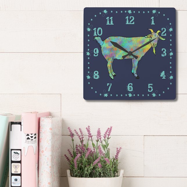 Horloge Carrée Cute Quirky Goat (Cute goat colorful farm animal art blue and green wall clock)