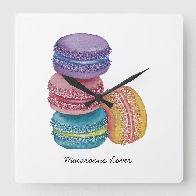 Horloge Carrée Cute Rainbow Macaroons In Watercolor (Recto)
