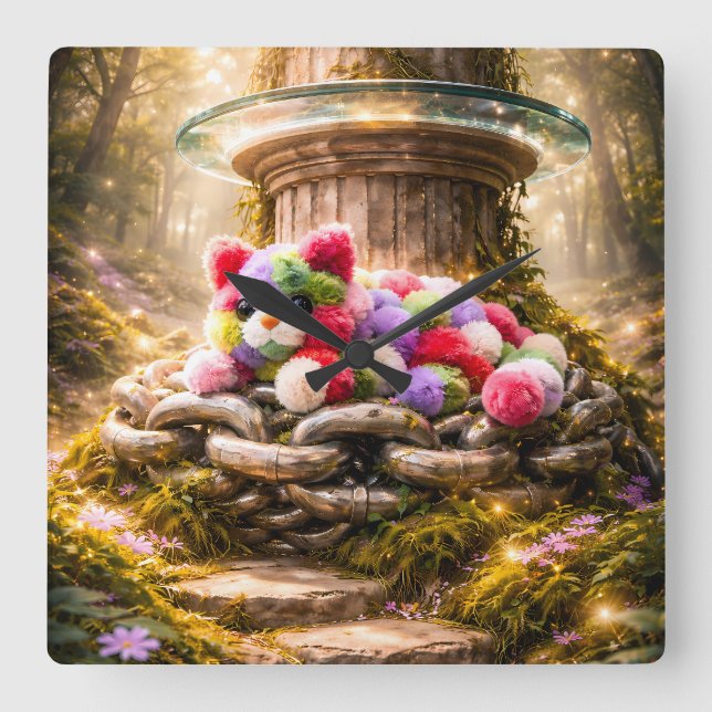 Horloge Carrée Cute Rainbow Plush Cat Wall Clock Kids Decor (Recto)