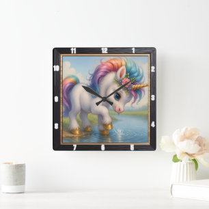 Horloge Carrée Cute Rainbow Unicorn Splash