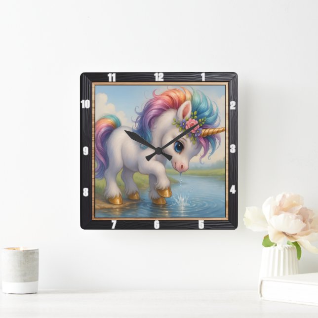Horloge Carrée Cute Rainbow Unicorn Splash (Maison)