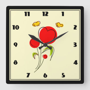 Horloge Carrée Cute Red Heart Flowers and Yellow Butterflies