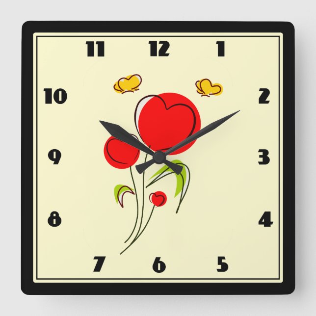 Horloge Carrée Cute Red Heart Flowers and Yellow Butterflies (Recto)