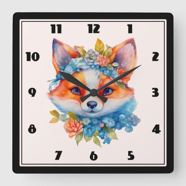 Horloge Carrée Cute Renard orange avec Couronne florale (Recto)