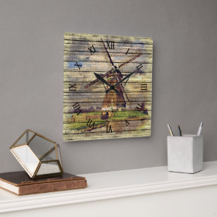 Horloge Carrée Cute Russe Vintage Hollandais Windmill Aquarelle