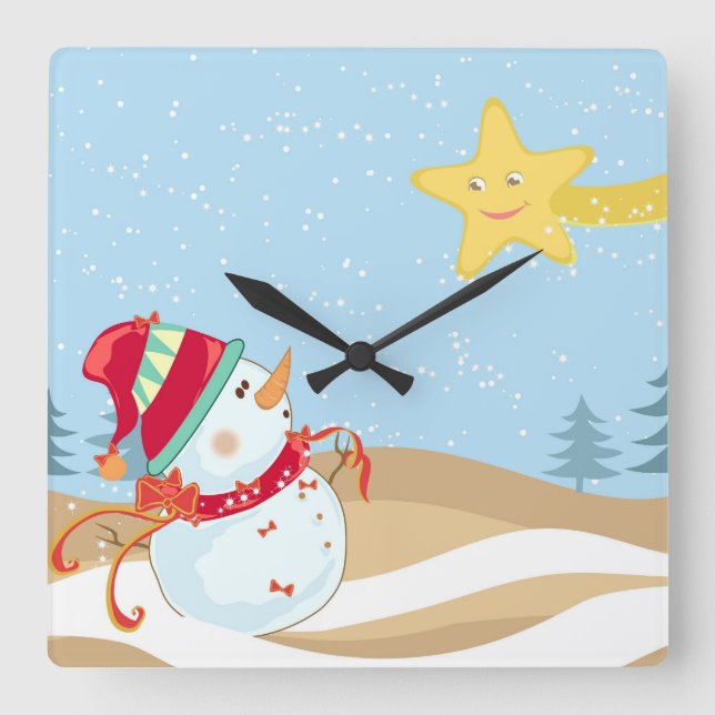 Horloge Carrée Cute Snowman Holiday Wall clock (Recto)
