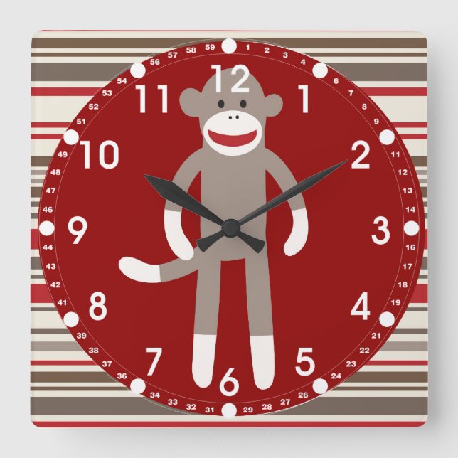 Horloge Carrée Cute Sock Monkey on Red Circle Red Brown Stripes (Recto)
