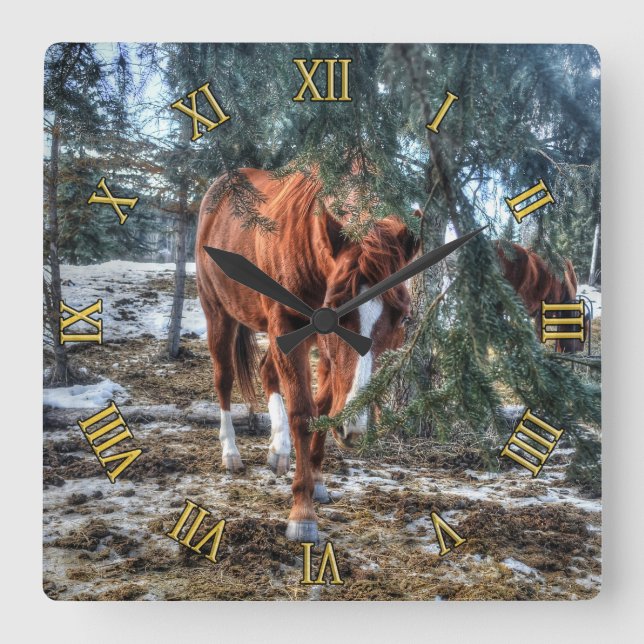 Horloge Carrée Cute Sorrel Mare et Branches Cheval-lover Cadeau (Recto)