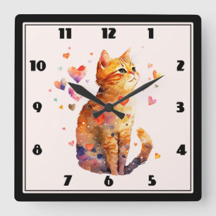 Horloge Carrée Cute Tabby Chat avec Coeurs