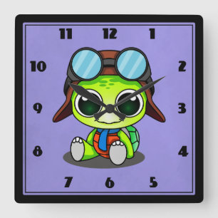 Horloge Carrée Cute tortue caricaturale en Aviator Casquette