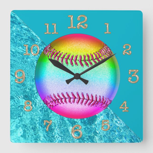 Horloge Carrée Cute Turquoise Softball Wall Clock (Recto)
