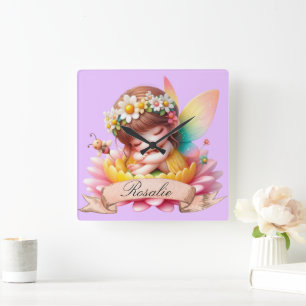 Horloge Carrée Cute Whimsical Floral Doux Rêves Dormir Fée